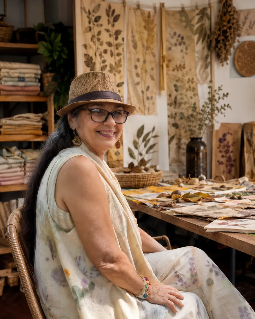 Artesana trabajando en el taller con telas colgadas